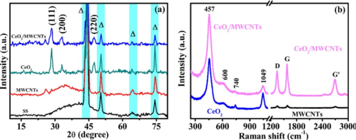 Figure 3. (a) XPS survey spectrum of CeO 2 /MWCNTs, (b–d) core level XPS spectra of Ce 3d, C 1s, and O 1s.