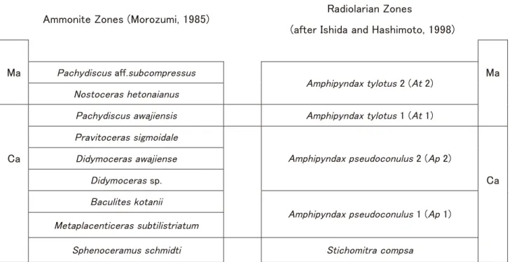 Fig. 1. The direct correlation of ammonite and radiolarian zonations in the Izumi Group.