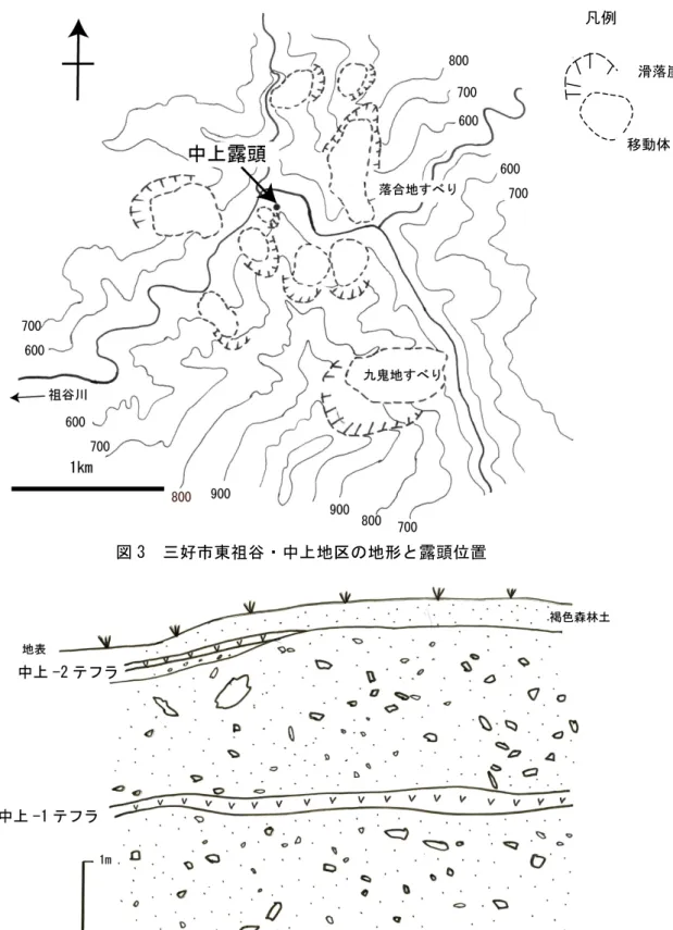図 3  三好市東祖谷・中上地区の地形と露頭位置 