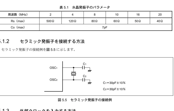表 5.1  水晶発振子のパラメータ  周波数（MHz） 2 4 8 10  16 20  Rs（max） 500Ω 120Ω 80Ω 60Ω 50Ω 40Ω  Co（max） 7pF  5.1.2  セラミック発振子を接続する方法  セラミック発振子の接続例を図 5.5 に示します。  OSC 1 OSC 2 C 1 ＝30pF±10％ C 2 ＝30pF±10％C1C2 図 5.5  セラミック発振子の接続例  5.1.3  外部クロックを入力する方法  外部クロックを OSC1 端子に入力し、OSC2
