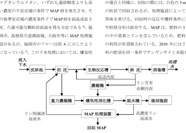 図 2 に溶解度関係を示した HAP 法と異なり，結晶 の基になるリン酸イオン，アンモニウムイオンと マグネシウムイオン，いずれも過溶解度よりも高 い濃度の不安定域の条件で MAP 核を発生させ，そ の後準安定域の濃度条件下でMAP 核を結晶成長さ せ，ろ過可能な顆粒状結晶を得る方法である 6) 。福 岡市，島根県宍道湖流域，大阪市等に MAP 処理施 設があるが，福岡市のフローは図 4 に示したよう になっている 2) 。この下水処理においては，嫌気性 消火槽を用いているため，汚泥に取り込まれたリンが再放
