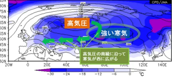 図 1.1.12  2012 年 1 月末～2 月はじめに中央アジアからヨーロッパに顕著な寒波をもたらした大気の流れの特徴（2012 年 1 月 29 日～2 月 4 日平均）  黒実線は海面気圧（ hPa）、寒色陰影は地上 2m の気温（℃）を表す。  (4)  2012 年の米国の高温・少雨  1）気温・降水と被害の状況  米国では春先から高温となり、3 月は米国の東 部から中部にかけての広い範囲で高温となった。 この高温傾向はその後も 5～9 月に持続し続き、 特に 6 月～7 月上旬には中西部を中心