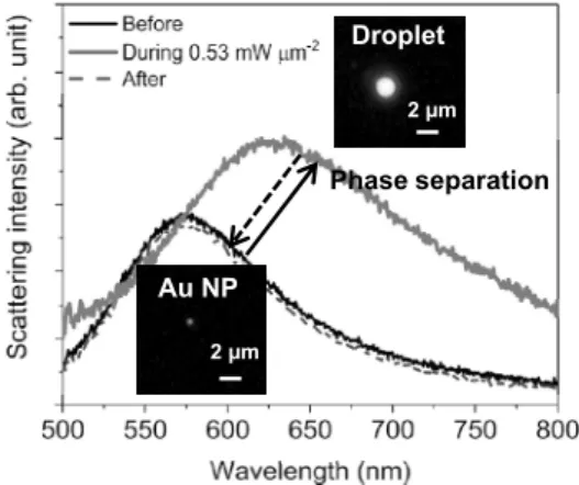 Fig. 6  Light scattering spectral red shift upon laser illu- illu-mination (inset: droplet formation at a much high  intensity)