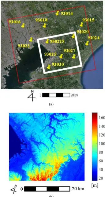 Figure 1. Study area. (a) Chiba, near Tokyo, Japan. Red and  white rectangles denote areas of PALSAR image and analysis in  this research, respectively