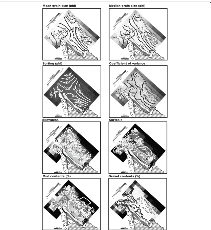 Fig. 7 Contour maps of grain-size parameters interpolated by kriging over raster maps of the estimation variance