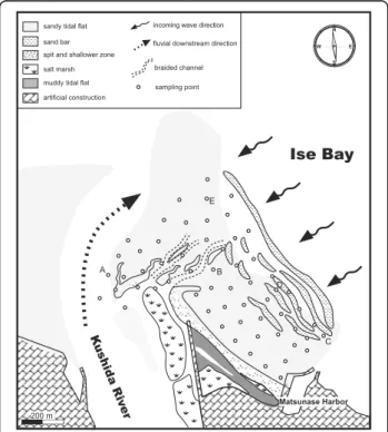 Fig. 2 Geomorphology of the study area and sampling localities for GSTA methods. Geomorphology is after fluvial flooding in July 2011