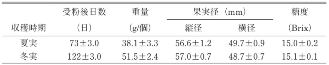 表 2 　パッションフルーツ果実の収穫時期別品質比較 受粉後日数 重量 果実径（mm） 糖度 収穫時期 （日） （g/個） 縦径 横径 （Brix） 夏実 73±3.0 38.1±3.3 56.6±1.2 4.7±0. 15.0±0.2 冬実 122±3.0 51.5±2.4 57.0±0.7 48.7±0.7 15.1±0.1 　　　　＊平均値±標準誤差、夏実：n=13個、冬実：n=25個 表 3 　定植ポットの素材並びに栽植間隔がパッションフルーツの果実に及ぼす影響 素材 栽植間隔 個体数 受粉後日