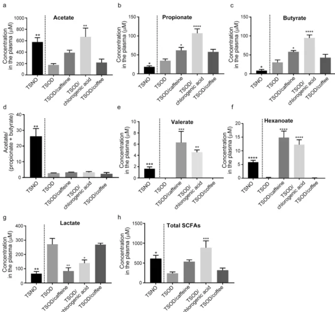 Figure 5.  Analysis of plasma SCFAs in caffeine-, chlorogenic acid-, and coffee-treated groups and in age- age-matched TSNO mice