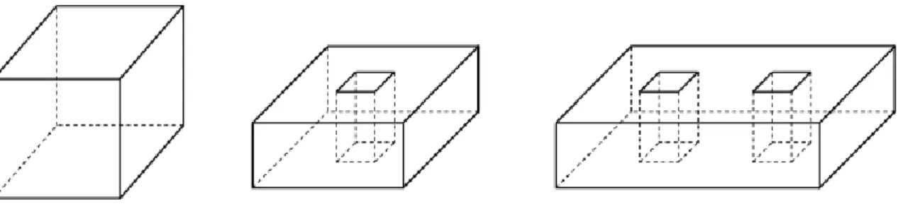 図 4.  立方体と、穴を含む面を持つポリゴンモデル。  この関係式を、オイラー・ポアンカレの式と呼び、多面体の幾何学を学習するときに登場 する重要な式になります。ソリッドモデルを表すポリゴンモデルは、すべてこの式を満たし ます。 5 節で紹介する、面や稜線の削除処理の前後でも、この関係は常に維持されます。も し、この式を満たさないポリゴンモデルができてしまったら、それは妥当なソリッドモデル ではないと言えます。 たとえば図 5 のようにポリゴンモデルの面が閉じておらず、内部と外部を区別できない 場合、これ
