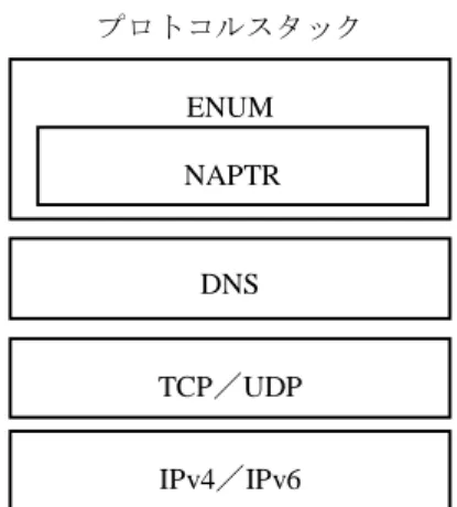 図 3.3.1／TS-1021    ENUM／DNS のプロトコル・スタック  3.4.  通信事業者網の要求条件  本仕様に従い、キャリア ENUM インタフェースを適用する通信事業者網の要求条件を記載する。  (1)  発信事業者網    番号帯に対応する番号取得事業者網の ENUM／DNS の IP アドレスは既知であること。    本仕様の 4.2.1 節に従い、ENUM Query を送信できること。  (2)  番号取得事業者網    自事業者が取得した番号帯に関する ENUM／DNS 