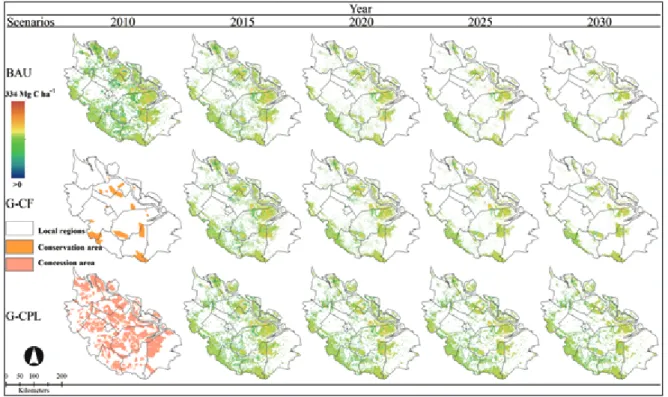 Figure 2 shows the maps of conservation areas, concession areas, an AFCS map for natural forest cover  for 2010, and scenario–wide simulated AFCS maps for the years 2015, 2020, 2025, and 2030