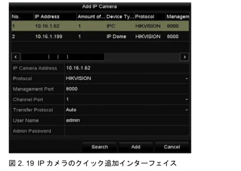 図  2. 19 IP カメラのクイック追加インターフェイス 3.  検出された IP カメラを選択して追加ボタンをクリックし直接追加します。検索ボタンをクリックし てオンライン IP カメラを手動で更新します。 または、対応するテキストフィールドでパラメータを編集して IP カメラのカスタム追加を選択し、 追加ボタンをクリックして追加することもできます。  オプション 2 ： 手順： 1