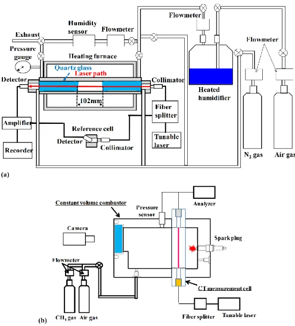 Figure  4  Schematic  diagrams  of  experimental  systems.  (a)  Experimental  system  for  spectroscopic database correction measured by TDLAS in a high temperature and high  pressure cell; (b) Experimental system for evaluation of 2D temperature measurem