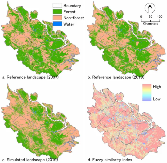 Figure 2. Reference maps (a &amp; b) for Riau Province, simulated map (c), and validation map (d).