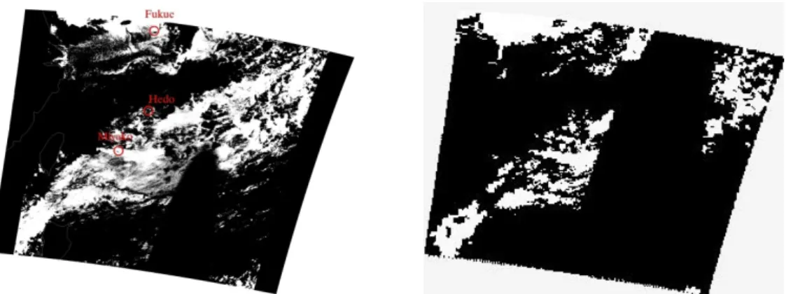 Figure 3. Satellite retrieved aerosols optical thickness (AOT) from GLI (left) and NASA (right) algorithms on  Feb 19, 02:05:00 UTC