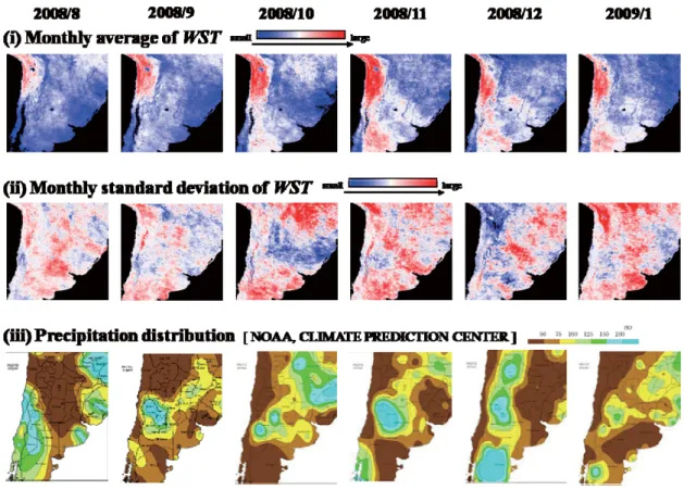 Fig. 3. The images are (i) monthly average of WST, (ii) monthly standard average of WST, and    (iii) precipitation distribution around Pampa of Argentine