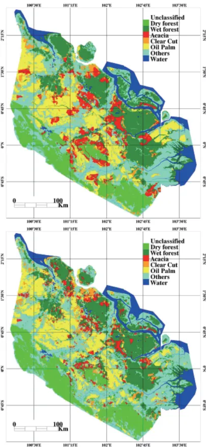 Figure 1: Land cover estimated manually by WWF using Landsat images (top) and by our methodology using  PALSAR FBD 50m orthorectified data (bottom)
