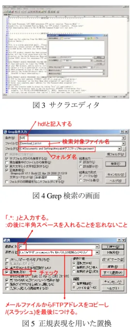 図 3  サクラエディタ  hdfと記入する 検索対象ファイル名 フォルダ名 図 4 Grep 検索の画面  「.*: 」と入力する。 :の後に半角スペースを入れることを忘れないこと メールファイルからFTPアドレスをコピーし /(スラッシュ)を最後につける。チェック４．データのダウンロード方法 