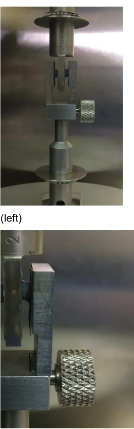 Figure 2. Specimens inside the test tool before test (left) and detail of a specimen  after strain was applied (right)