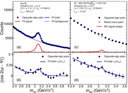FIG. 1. Invariant mass distribution (top) and hcos 2ðφ − ΨÞi as a function of m ll (bottom) of opposite-sign dimuons (left) with 2 &lt; p T &lt; 4 GeV=c and 2.5 &lt; y &lt; 4 and dielectrons (right) with 2 &lt; p T &lt; 6 GeV=c and jyj &lt; 0.9, in semicen