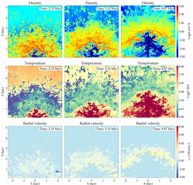 Figure 15. Evolution of density (in cm −3 ), temperature (in Kelvin) and radial velocity (normalized to 100 kms −1 ) for Sim