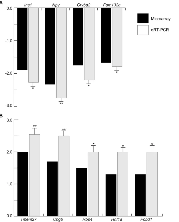 Fig 7. Validation of microarray data by qRT-PCR in WT and Mafk-Tg pancreata at E15.5. The expression levels of microarray and qRT-PCR are shown in black and gray columns, respectively