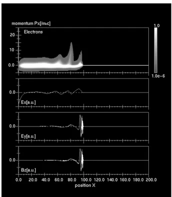 Fig. 1. The distribution of electrons in the phase space (x, p) and the proﬁles of electromagnetic ﬁelds at t = 100.