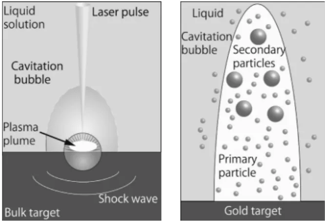 Fig. 1  Left: sketch of laser ablation in liquid.  Right: 