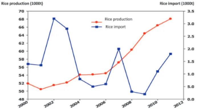Fig. 1. Rice production and imports 2000-2011 (BPS, 2011; BPS, 2012; Budijanto and Sitanggang, 2011).