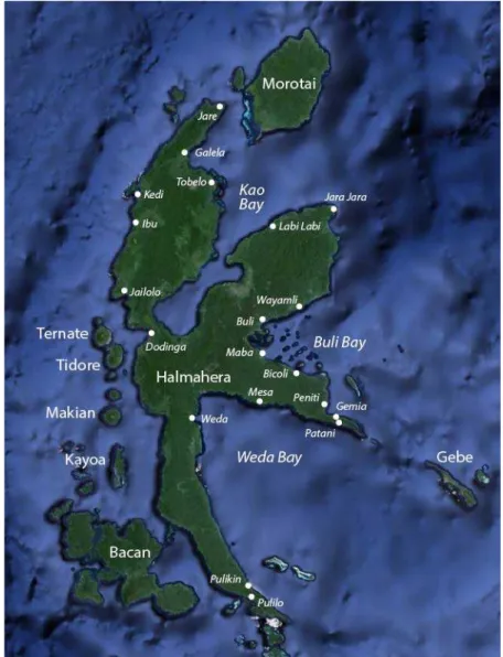 Figure 3: Location of islands, bays, and villages referred to in the text.  2.1.  Ternate, Tidore and Makian Islands 