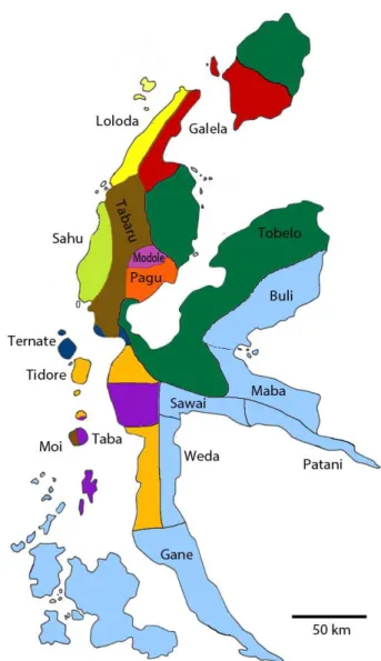 Figure 1: Approximate language boundaries within Halmahera and environs. Blue  shading represents Austronesian languages; other colors represent 