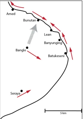 Figure 2. Small arrows indicate orientation of the kangin direction on the east  coast of Bali (after Wassmann &amp; Dasen 1998:698)