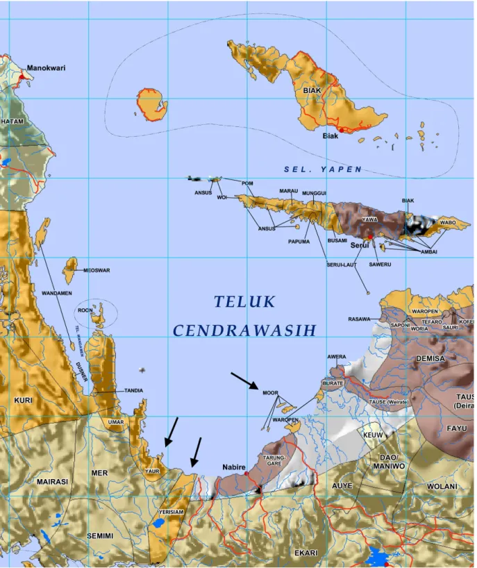 Figure 1. Map of Cenderawasih Bay languages, adapted from an unpublished SIL Papua map