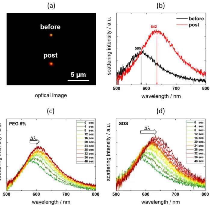 Figure  2. Dark-field  microscopy image  (a) and  corresponding scattering spectral  change  (b) of a  single 100-nm-diameter AuNP supported on a sapphire substrate pre- and post-laser irradiation (I p  :  8.8 mW µm − 2 , t = 10  4 s) in 0.05 M (mol L − 1