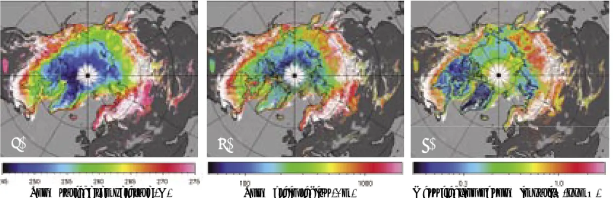 Fig. 2.1.2-11 GLI-derived spatial distribution of (a) snow-surface temperature, (b) snow-grain size,  and (c) mass fraction of snow impurities averaged over April 7-22, 2003.