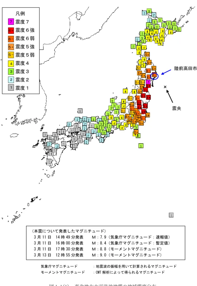 図 1.1(1)  東北地方太平洋沖地震の地域震度分布 参考文献：災害時地震・津波速報 平成 23 年（2011 年）東北地方太平洋沖地震  陸前高田市 × 震央 凡例     震度７     震度６強     震度６弱     震度５強     震度５弱     震度４     震度３     震度２     震度１ ７ ６+ ６- ５+ ５- ４ ３ ２ １ （本震について発表したマグニチュード）   3 月 11 日  14 時 49 分発表    Ｍ：7.9（気象庁マグニチュード：速報値）   3 