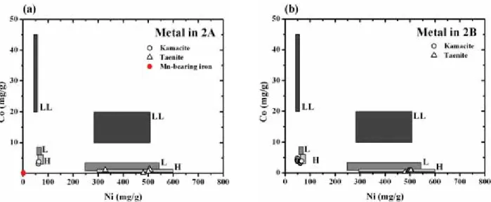Figure 7. Co and Ni concentrations in FeNi metals in the 2A sample (a) and the 2B sample(b).