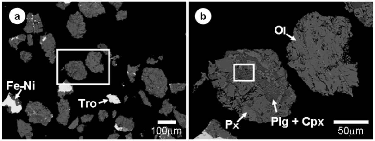 Figure 2. (a) Backscattered electron image of a polished section of 3A particles. (b) Image of boxed area in (a)