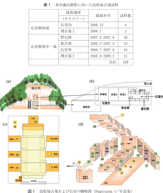 表 1 . 非培養法解析に用いた高松塚古墳試料 採取場所 (カテゴリー) 採取年月 試料数 石室内 2006.12 4 石室解体前 墳丘部１ 2006.7 3 壁石間 2007.4‑2007.8 36 取合部 2006.5‑2007.5 10 石室解体中・後 石室外 2006.7‑2007.8 45 墳丘部２ 2008.8‑2009.2 11 合計 109 図 1 高松塚古墳および石室の概略図（Sugiyamaら を改変） （a）南側からみた古墳全景，（b ）石室の横断面と試料カテゴリー（c ）石室解体後の