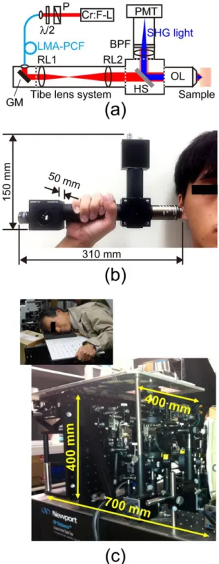 Figure  1(a)  shows  the  experimental  setup  of  the  hand-held  PR-SHG-M.  A  mode-locked  Cr:Forsterite  laser  (Cr:F-L; 