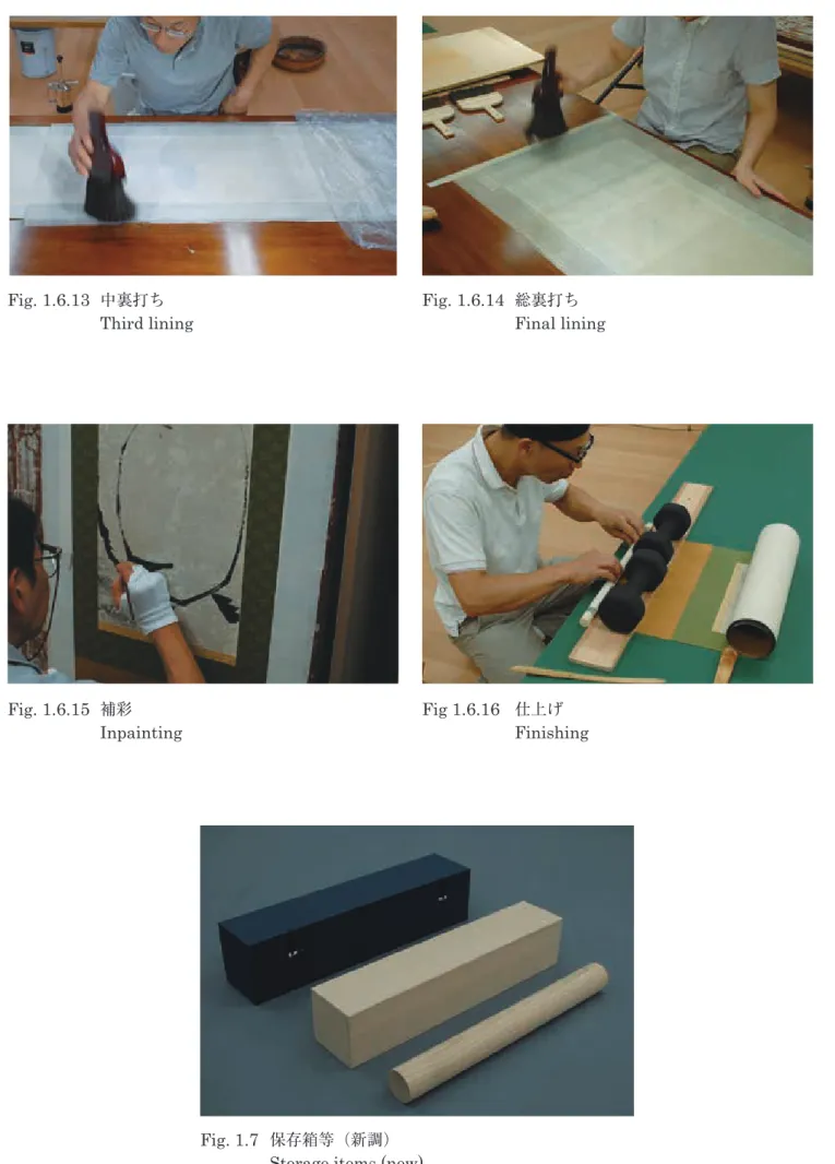 Fig. 1.6.13  中裏打ち Third lining Fig. 1.6.15  補彩  Inpainting Fig. 1.7  保存箱等（新調） Fig. 1.6.14  総裏打ち Final liningFig 1.6.16 仕上げ Finishing