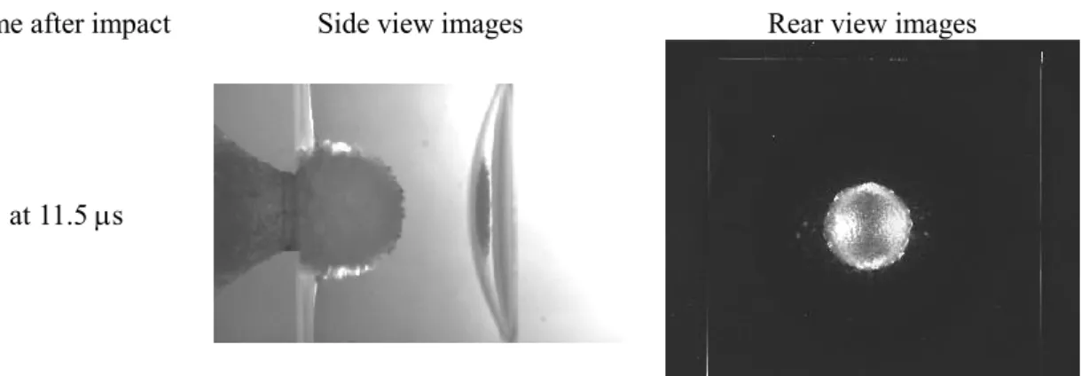 Figure 3. Damage evolution in the PMMA target impacted by a 3.2-mm aluminum-alloy sphere at 3.63 km/s  simultaneously obtained in side view and rear view by the scattered light imaging