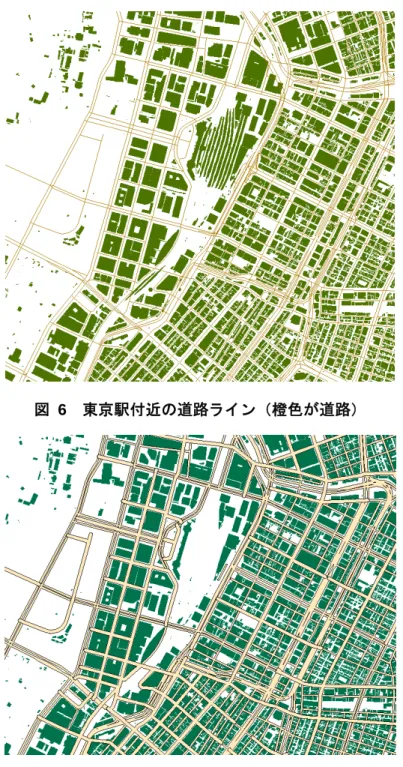 図  6  東京駅付近の道路ライン（橙色が道路） 