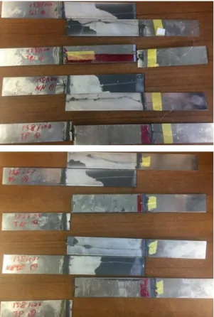 図 9 AV138, 12.5mm の試験結果  図 10 AV138, 12.5mm の破断試験片  5.2  AV138 ラップ長 100mm      試験結果を図 11 に示す． この結果を  2024-T3 の強度から換算して求めた平均剪断応 力 7MPa （図中赤線）と比較すると，試験結 果はすべて 7MPa 以下となった．ピール止 めなしとナイロンネジの試験片は接着層で 破壊，鉄ねじと鉄ピンの試験片は母材の引 張破壊となった（図 12 ） ．鉄ネジ，鉄ピンは 板のネジ穴部で破断したため，接着層