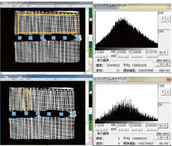 図 14   剛体並進移動前後の形状計測結果      様を、向きを変えて２回に分けて投影するが、計 測対象表面に格子模様を貼り付けるかまたは予め 描いておく場合は、一度の撮影で両方向の情報が 含まれていなければならないため、２次元格子模 様を用いる必要がある。大型パラボラアンテナ反 射鏡面の一部に２次元格子模様を貼り付けて形状 計測を試みた（図 11）。   この曲面形状計測結果を 図 12 に示す。計測された断面形状を図 13 に示す。 また、反射鏡面全体を平行移動させた計測例を図 14 に示す。図中 