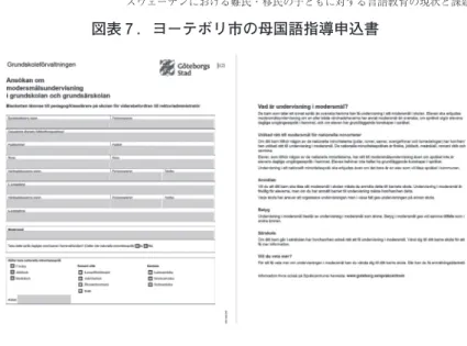 図表 7 ．ヨーテボリ市の母国語指導申込書 3 ） 最も一般的なのは，学校の所定の学習時間外で母国語を学ぶ方法であ る。これが学校にとっては，最も実施しやすいもので，週17時間 28 ， 登校前または放課後に母語の授業を行う。自校で 5 人以上が希望した 場合には，校長は母語教育の提供の義務を負うことになる。自校で 4 人以下の希望者しかがいない場合，校長はその義務を負うわけではな いが，通常はその母語教育は実施されるようだ。校長はまず，ストッ クホルム市全体で同じ母語教育を受けたい子どもがいないかを確認す