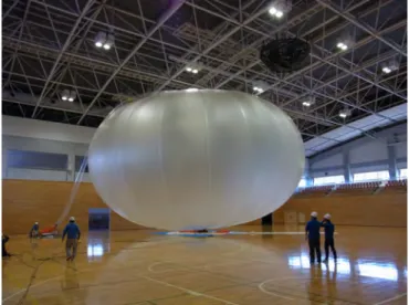 図 1: 直径 3 m の気球による原理実証。 図 2: 体積 2,000 m 3 の気球 (NPB2-2) の正常展開。 本提案はこの実証試験の実施を提案するものである。まず、国内で体積 2,000 m 3 の SP 気球の飛翔試験を実 施し、個々の要素ごとに実証された技術を統合した気球が SP 気球として成立していることを確認する。次に 豪州にて、体積 7,000 m 3 の SP 気球の飛翔試験を実施し、飛翔時の温度変動、高度変動等の SP 気球の特性を 評価する実験を実施する。 これらの実験は本研究