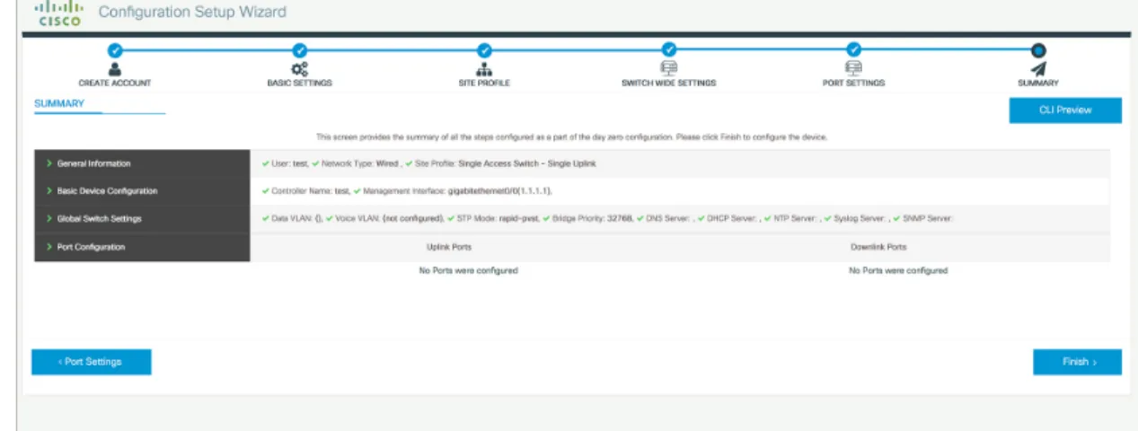 図 15 : Day 0 Config Summary VTY 回線の設定 Telnet または SSH を経由してデバイスに接続する場合は、仮想端末回線または仮想テレタイプ （ VTY ）が使用されます。 VTY 回線の数は、リモートによるデバイスへの同時アクセス数の 最大値に一致します。デバイスに十分な数の VTY 回線が設定されていない場合、ユーザが WebUI に接続する際に問題が発生することがあります。最大 30 の同時セッションを許可する には、VTY 回線のデフォルト値である 0 〜 15（一