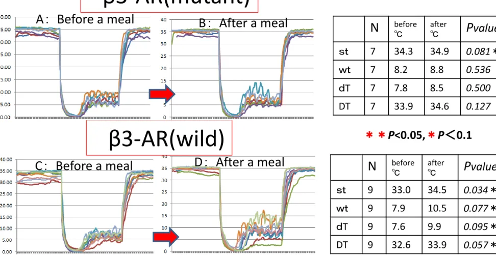 Fig. 6.  Changes in the Hunting test of 16 subjects with cold constitution before and  after a meal were different between wild  and mutant types of  β3-AR