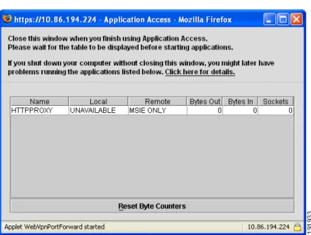 図 20-2 クライアントレス  SSL VPN  の  [Application Access]  ウィンドウ このウィンドウには、このクライアントレス SSL VPN 接続用に設定された TCP アプリケーショ ンが表示されます。このパネルを開いたままでアプリケーションを使用する場合は、通常の方法 でアプリケーションを起動します。 （注） ステートフル フェールオーバーでは、 Application Access を使用して確立したセッションは保持さ れません。ユーザはフェールオーバー後に再接続する必要